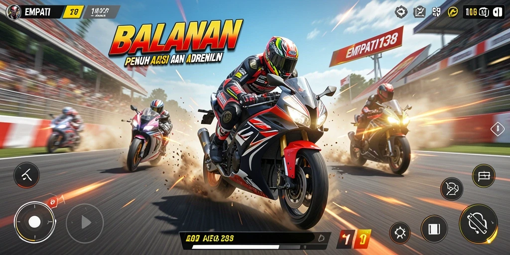 Screenshot gameplay <strong>EMPATI138</strong> menunjukkan aksi balapan motor yang mendebarkan.