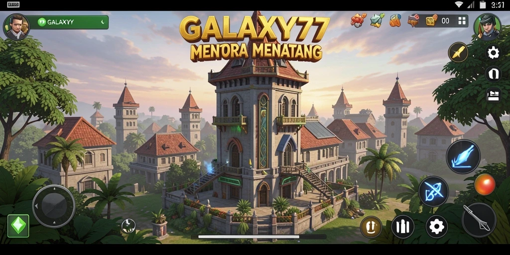 Screenshot utama GALAXY77 menampilkan aksi menara pertahanan yang mendebarkan.