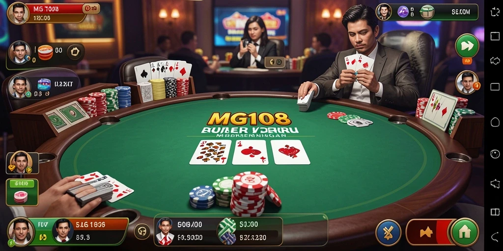 Tampilan gameplay seru dalam MG108 yang menampilkan aksi poker yang mendebarkan.