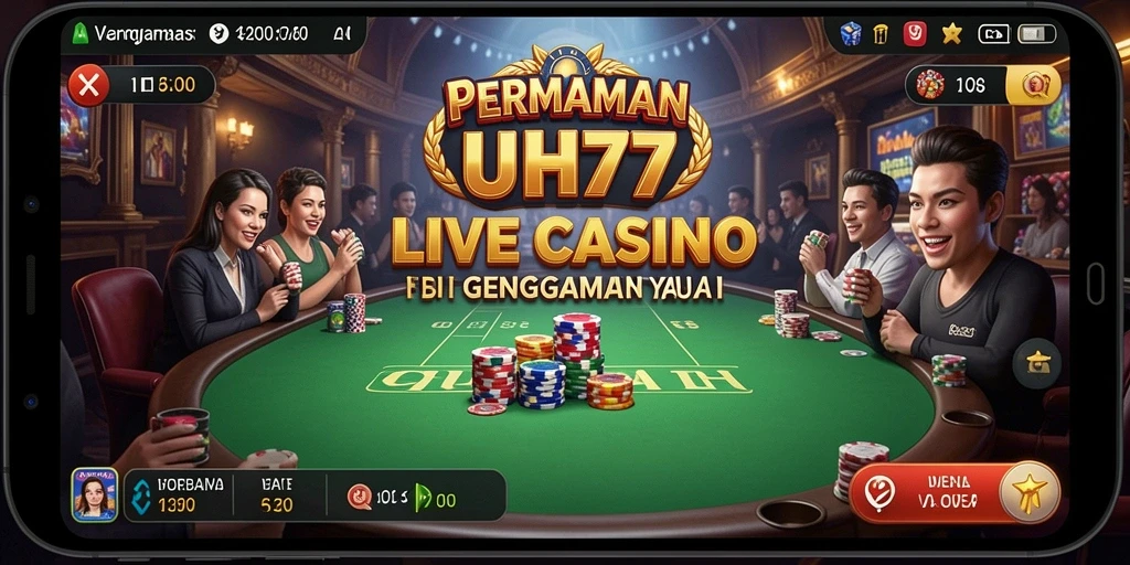 Screenshot UH77 menampilkan dealer profesional dan gameplay Live Casino.